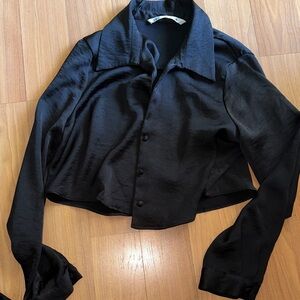 Black Satin Button-Up Blouse